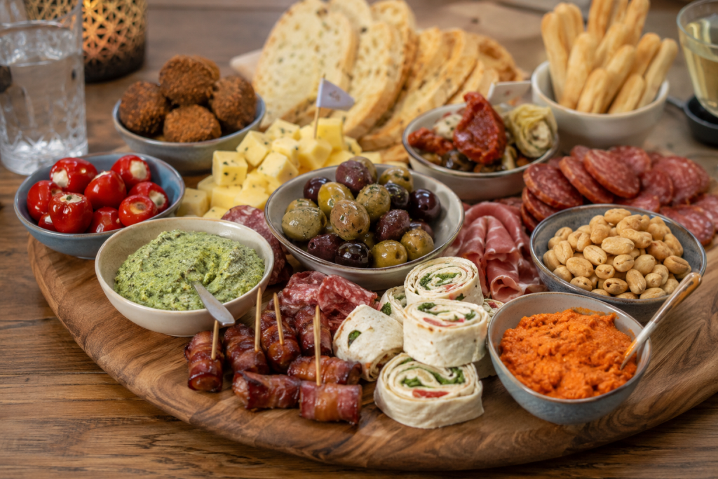 Typische niederländische Borrelplank mit Käse, Wurst, Oliven, Tapenade, Datteln im Speckmantel und Borrel Snacks