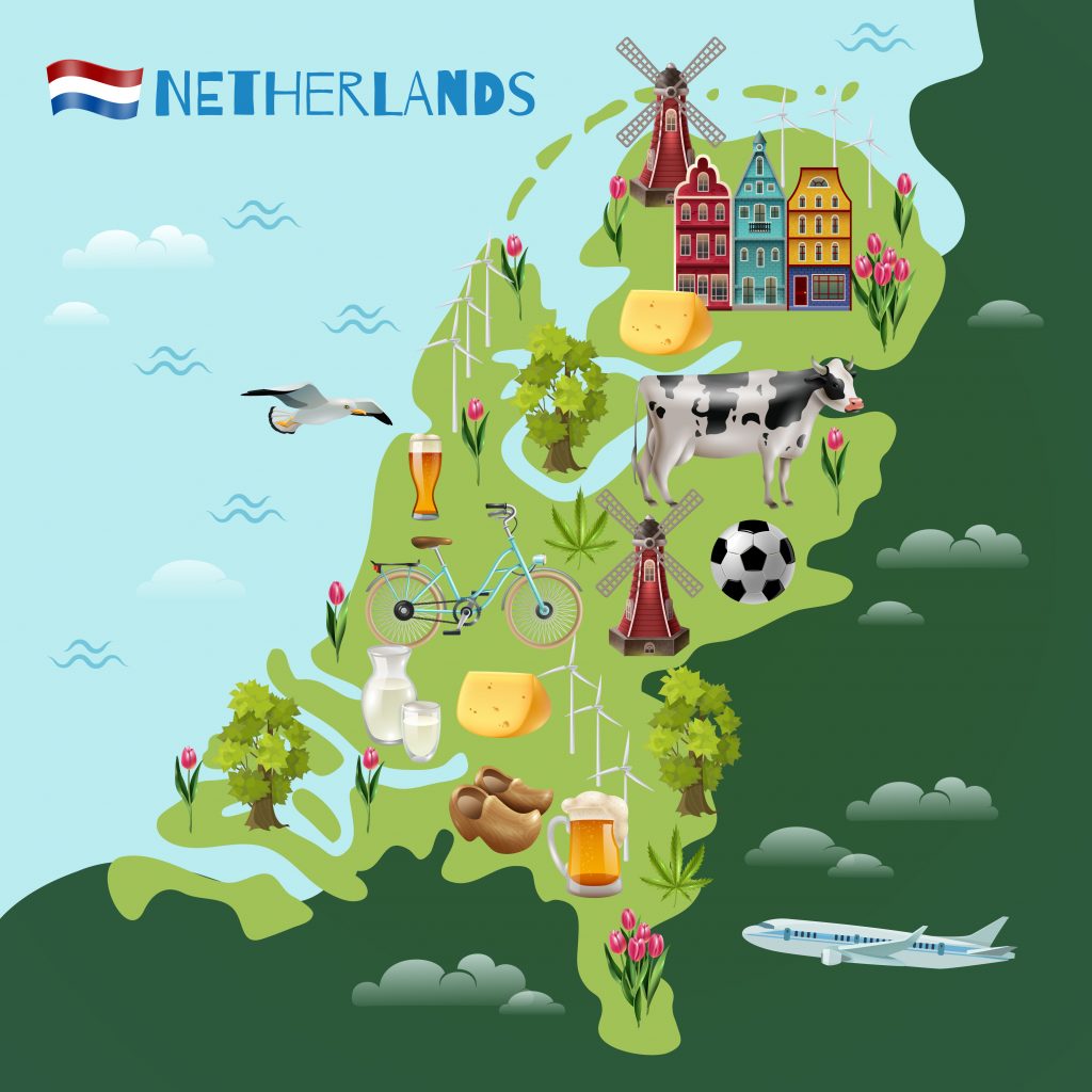 Gezeichnete arte der Niederlande mit Illustrationen über Land, Kühe und Sehenswürdigkeiten